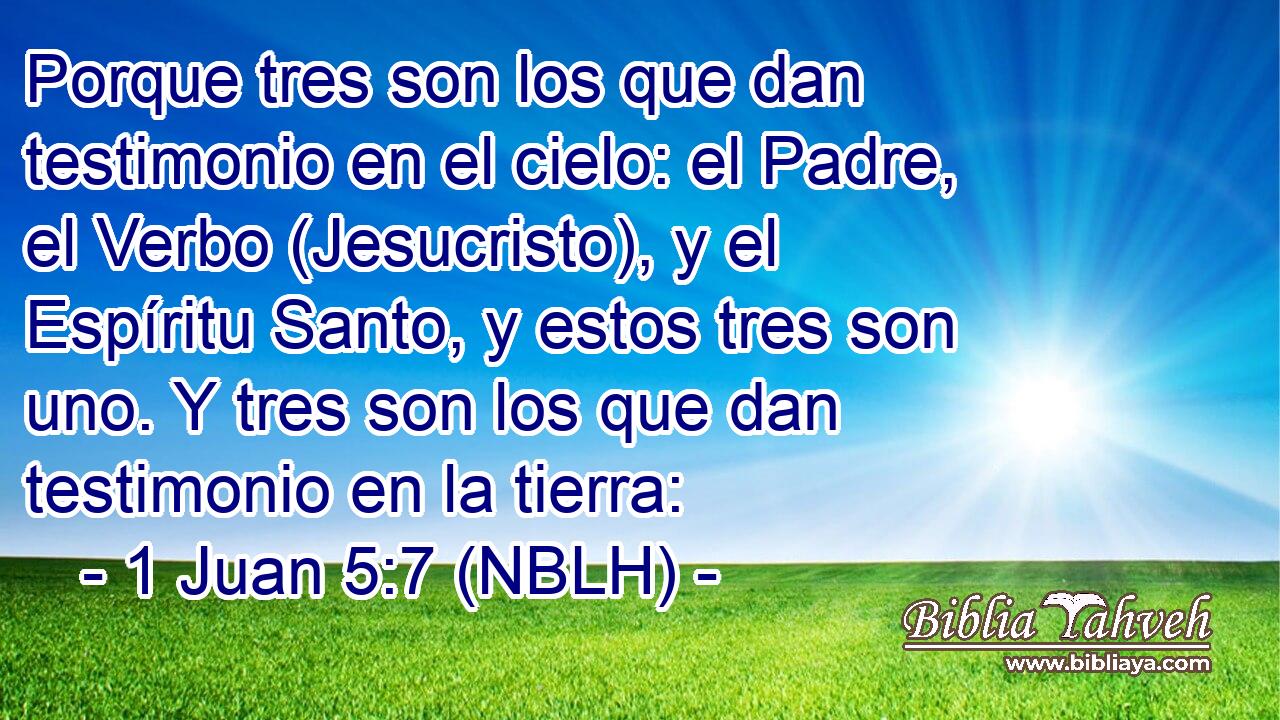  Porque tres son los que dan testimonio en el cielo: el Padre, el Verbo (Jesucristo), y el Espíritu Santo, y estos tres son uno. Y tres son los que dan testimonio en la tierra: 