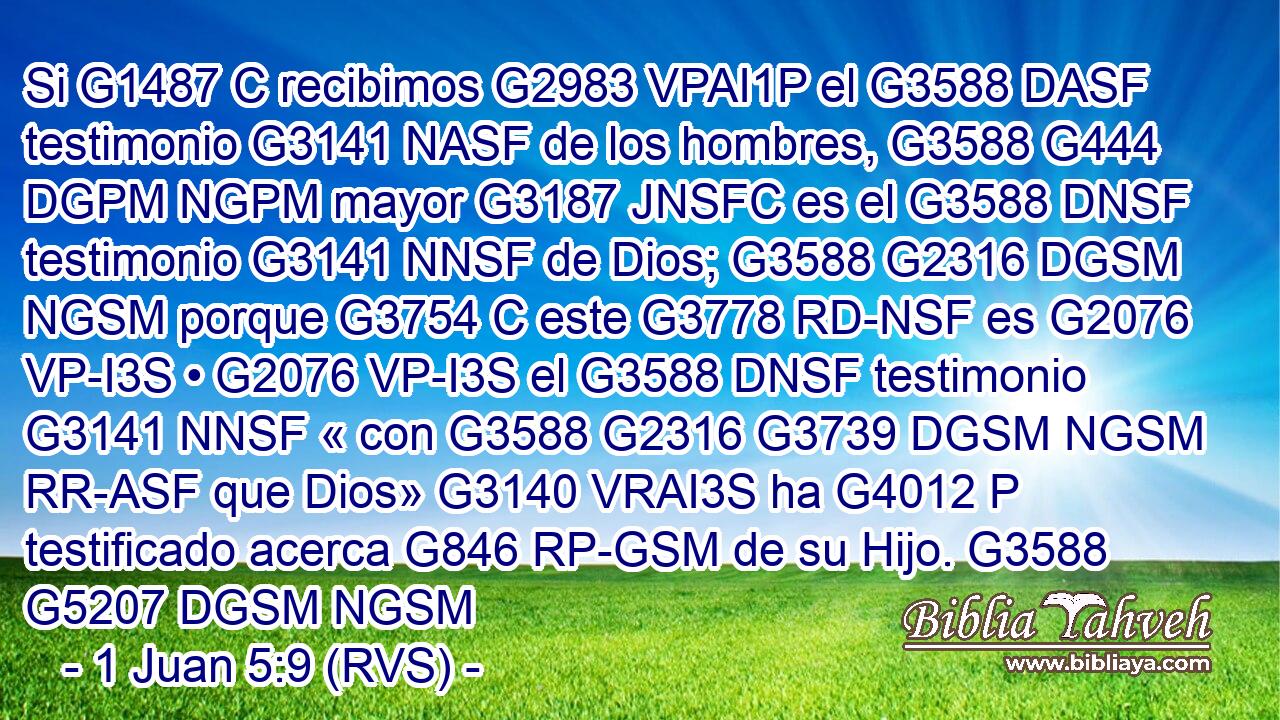 Si G1487 C recibimos G2983 VPAI1P el G3588 DASF testimonio G3141 NASF de los hombres, G3588 G444 DGPM NGPM mayor G3187 JNSFC es el G3588 DNSF testimonio G3141 NNSF de Dios; G3588 G2316 DGSM NGSM porque G3754 C este G3778 RD-NSF es G2076 VP-I3S • G2076 VP-I3S el G3588 DNSF testimonio G3141 NNSF « con G3588 G2316 G3739 DGSM NGSM RR-ASF que Dios» G3140 VRAI3S ha G4012 P testificado acerca G846 RP-GSM de su Hijo. G3588 G5207 DGSM NGSM 