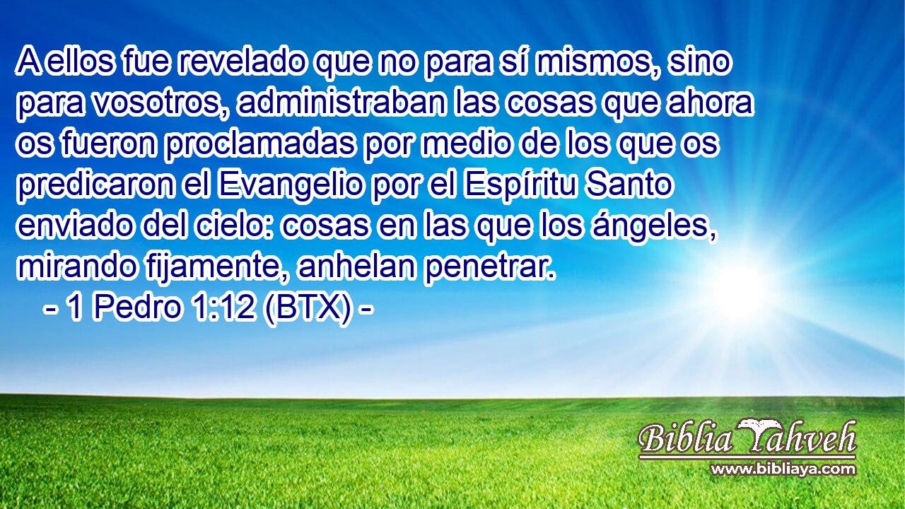 A ellos fue revelado que no para sí mismos, sino para vosotros, administraban las cosas que ahora os fueron proclamadas por medio de los que os predicaron el Evangelio por el Espíritu Santo enviado del cielo: cosas en las que los ángeles, mirando fijamente, anhelan penetrar.