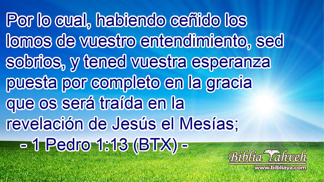 Por lo cual, habiendo ceñido los lomos de vuestro entendimiento, sed sobrios, y tened vuestra esperanza puesta por completo en la gracia que os será traída en la revelación de Jesús el Mesías;