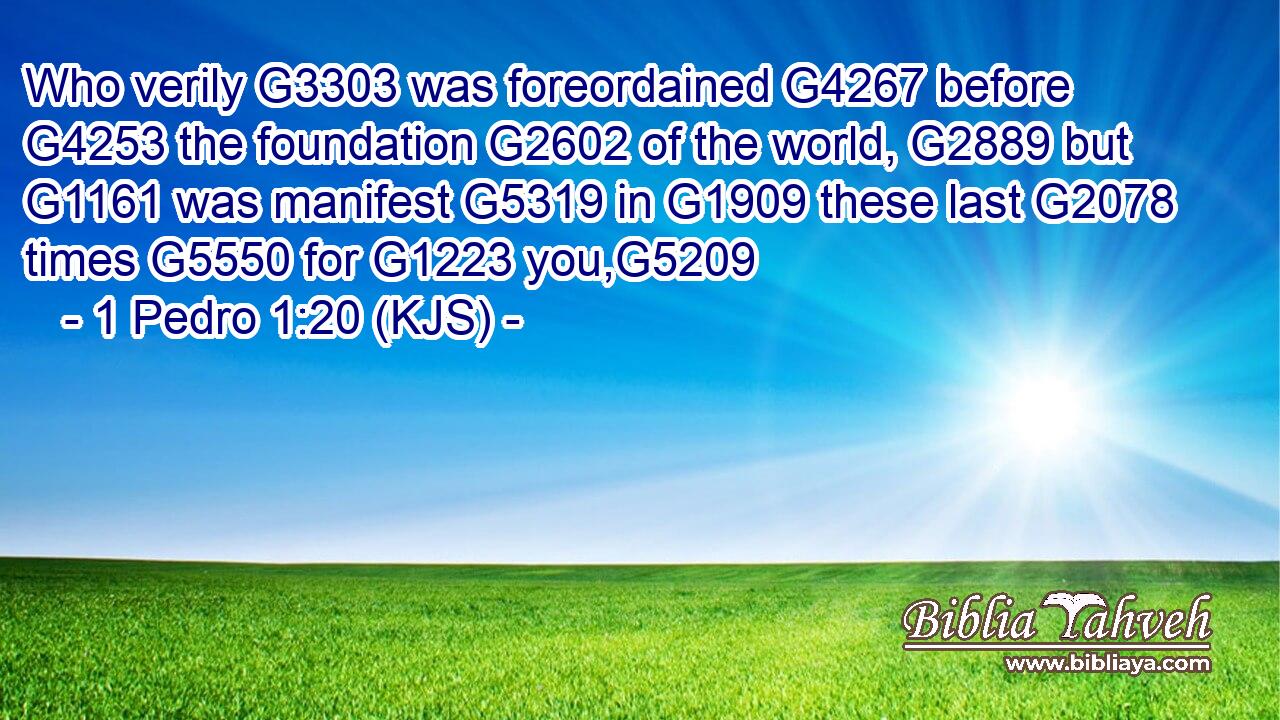 Who verily G3303 was foreordained G4267 before G4253 the foundation G2602 of the world, G2889 but G1161 was manifest G5319 in G1909 these last G2078 times G5550 for G1223 you,G5209