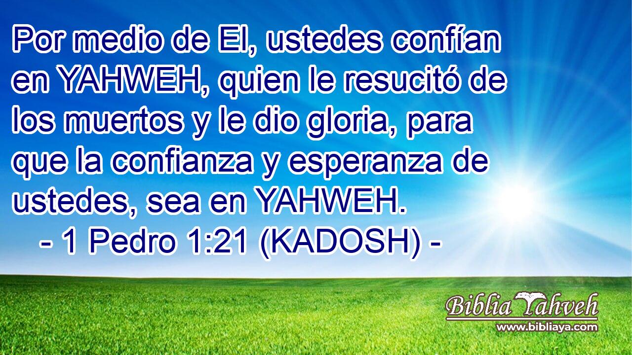  Por medio de El, ustedes confían en YAHWEH, quien le resucitó de los muertos y le dio gloria, para que la confianza y esperanza de ustedes, sea en YAHWEH. 
