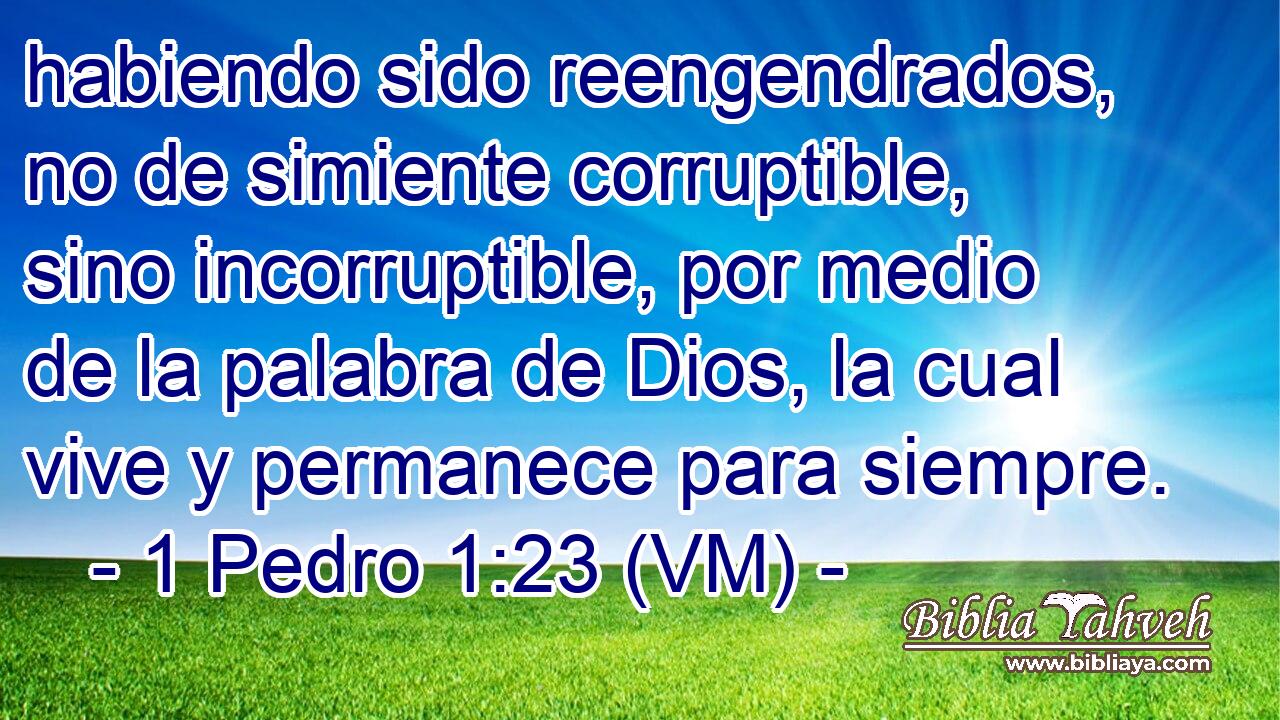  habiendo sido reengendrados, no de simiente corruptible, sino incorruptible, por medio de la palabra de Dios, la cual vive y permanece para siempre. 