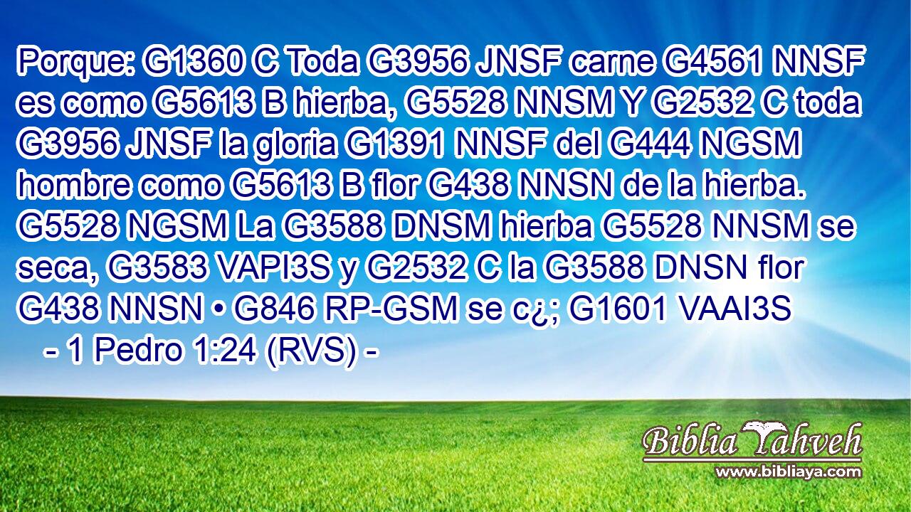 Porque: G1360 C Toda G3956 JNSF carne G4561 NNSF es como G5613 B hierba, G5528 NNSM Y G2532 C toda G3956 JNSF la gloria G1391 NNSF del G444 NGSM hombre como G5613 B flor G438 NNSN de la hierba. G5528 NGSM La G3588 DNSM hierba G5528 NNSM se seca, G3583 VAPI3S y G2532 C la G3588 DNSN flor G438 NNSN • G846 RP-GSM se c¿; G1601 VAAI3S 