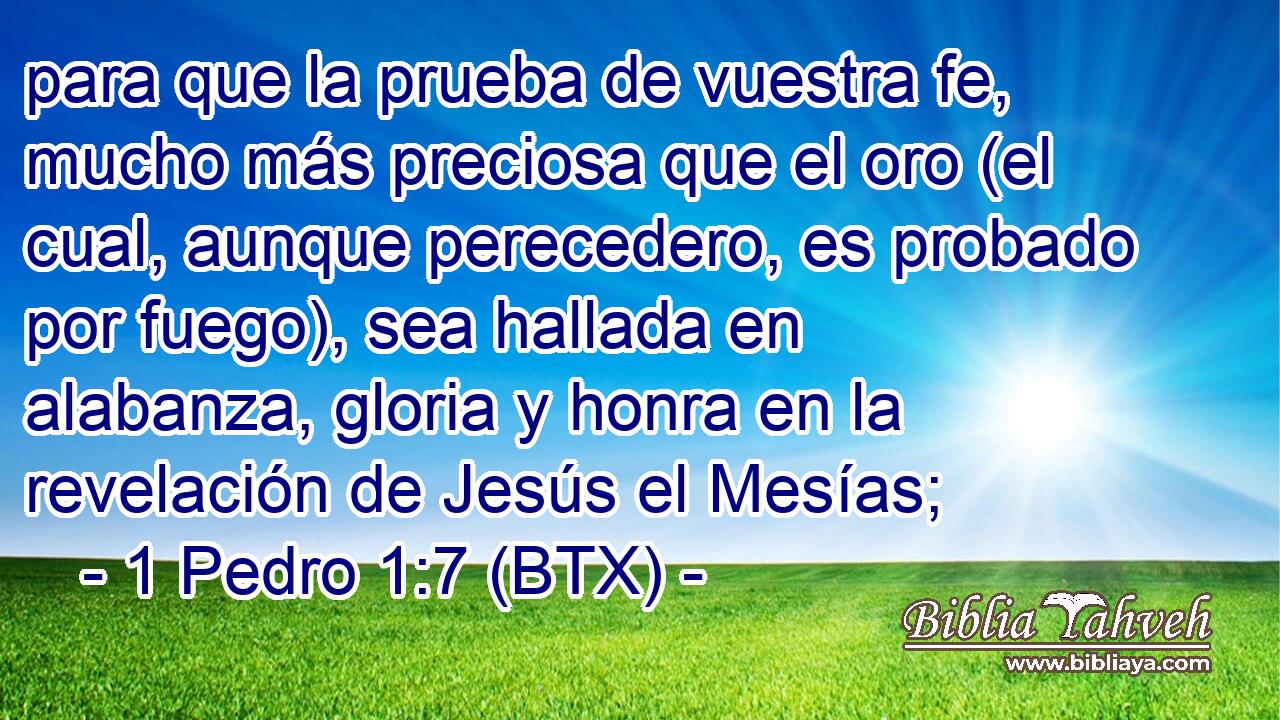 para que la prueba de vuestra fe, mucho más preciosa que el oro (el cual, aunque perecedero, es probado por fuego), sea hallada en alabanza, gloria y honra en la revelación de Jesús el Mesías;