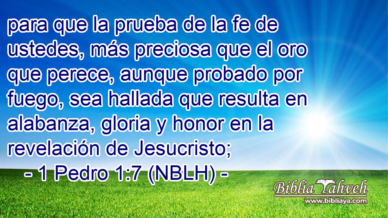  para que la prueba de la fe de ustedes, más preciosa que el oro que perece, aunque probado por fuego, sea hallada que resulta en alabanza, gloria y honor en la revelación de Jesucristo; 