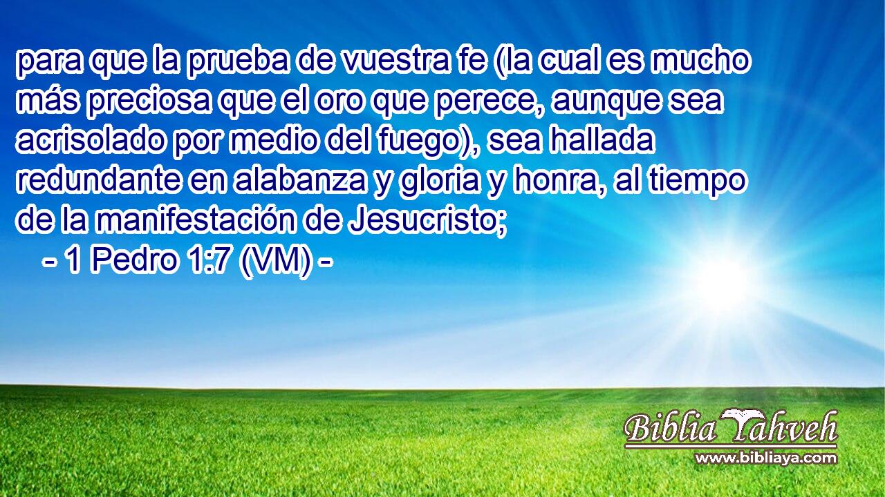  para que la prueba de vuestra fe (la cual es mucho más preciosa que el oro que perece, aunque sea acrisolado por medio del fuego), sea hallada redundante en alabanza y gloria y honra, al tiempo de la manifestación de Jesucristo; 