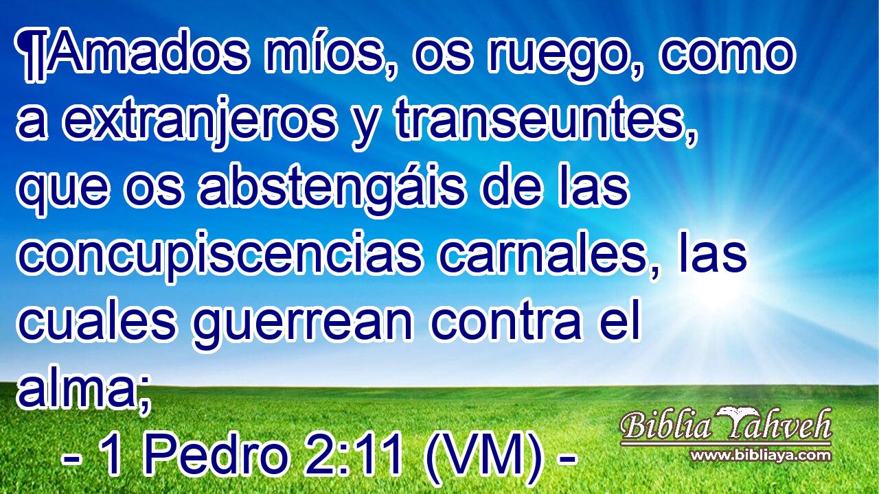  ¶Amados míos, os ruego, como a extranjeros y transeuntes, que os abstengáis de las concupiscencias carnales, las cuales guerrean contra el alma; 