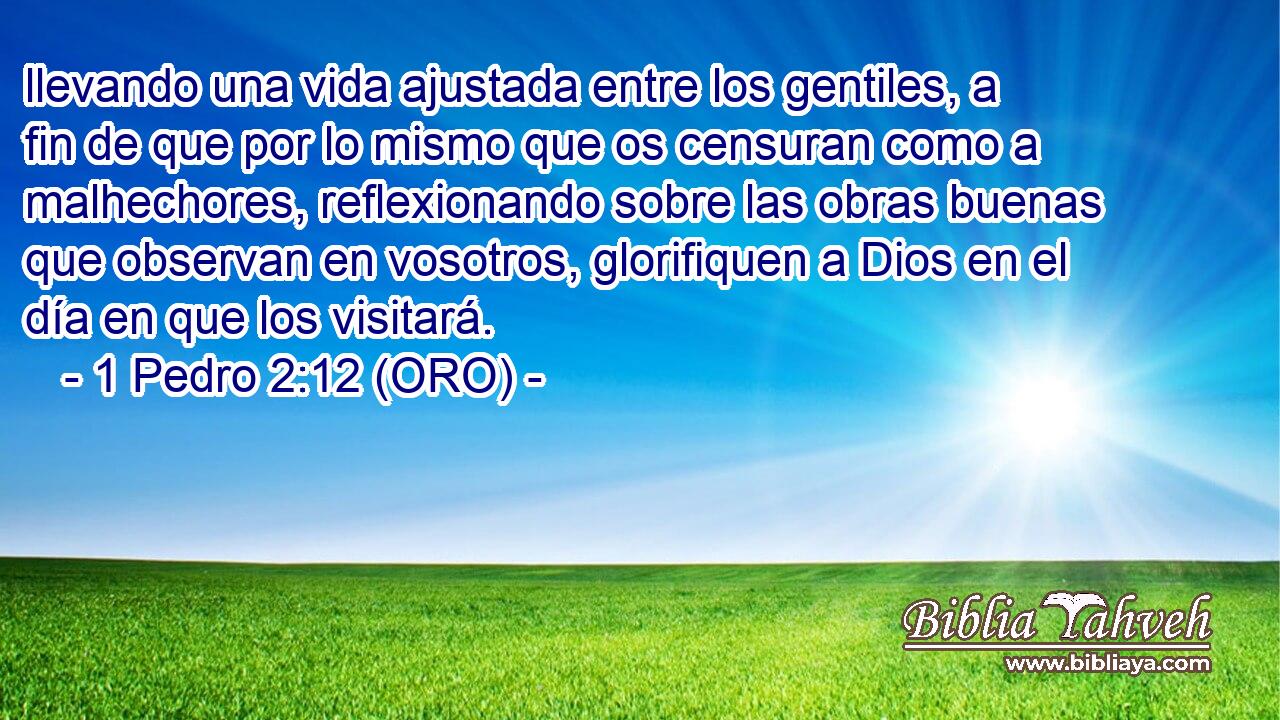  llevando una vida ajustada entre los gentiles, a fin de que por lo mismo que os censuran como a malhechores, reflexionando sobre las obras buenas que observan en vosotros, glorifiquen a Dios en el día en que los visitará. 