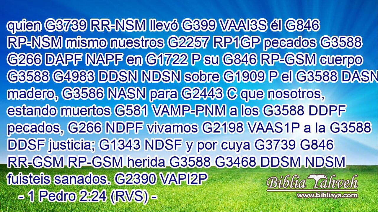 quien G3739 RR-NSM llevó G399 VAAI3S él G846 RP-NSM mismo nuestros G2257 RP1GP pecados G3588 G266 DAPF NAPF en G1722 P su G846 RP-GSM cuerpo G3588 G4983 DDSN NDSN sobre G1909 P el G3588 DASN madero, G3586 NASN para G2443 C que nosotros, estando muertos G581 VAMP-PNM a los G3588 DDPF pecados, G266 NDPF vivamos G2198 VAAS1P a la G3588 DDSF justicia; G1343 NDSF y por cuya G3739 G846 RR-GSM RP-GSM herida G3588 G3468 DDSM NDSM fuisteis sanados. G2390 VAPI2P 