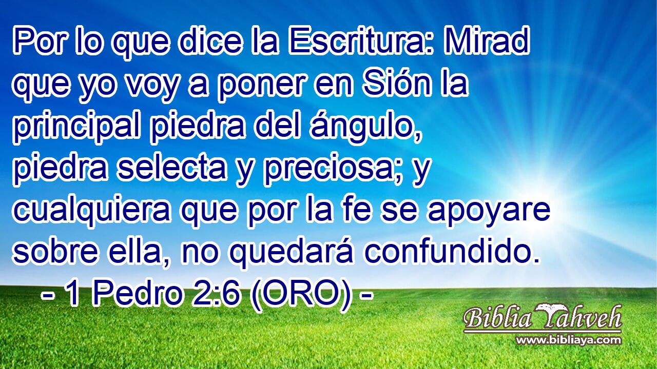  Por lo que dice la Escritura: Mirad que yo voy a poner en Sión la principal piedra del ángulo, piedra selecta y preciosa; y cualquiera que por la fe se apoyare sobre ella, no quedará confundido. 