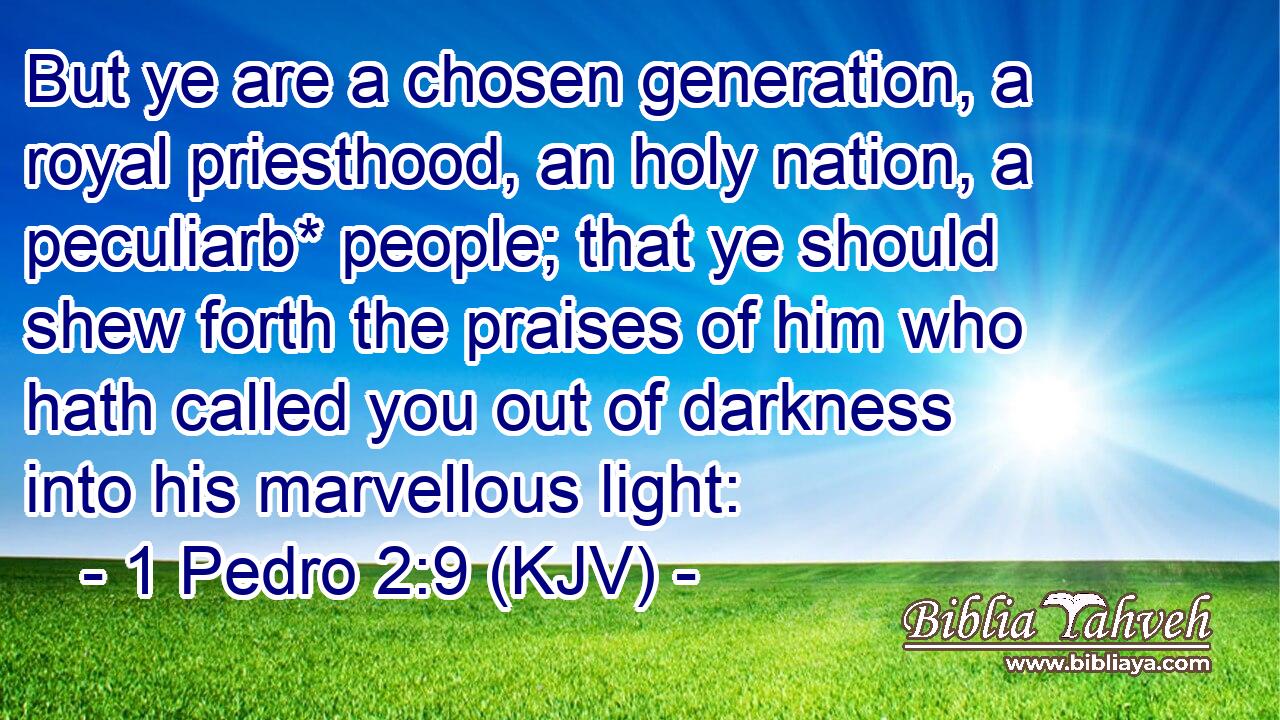 But ye are a chosen generation, a royal priesthood, an holy nation, a peculiarb* people; that ye should shew forth the praises of him who hath called you out of darkness into his marvellous light: