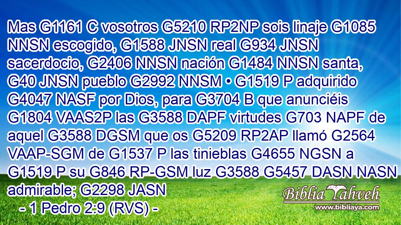Mas G1161 C vosotros G5210 RP2NP sois linaje G1085 NNSN escogido, G1588 JNSN real G934 JNSN sacerdocio, G2406 NNSN nación G1484 NNSN santa, G40 JNSN pueblo G2992 NNSM • G1519 P adquirido G4047 NASF por Dios, para G3704 B que anunciéis G1804 VAAS2P las G3588 DAPF virtudes G703 NAPF de aquel G3588 DGSM que os G5209 RP2AP llamó G2564 VAAP-SGM de G1537 P las tinieblas G4655 NGSN a G1519 P su G846 RP-GSM luz G3588 G5457 DASN NASN admirable; G2298 JASN 