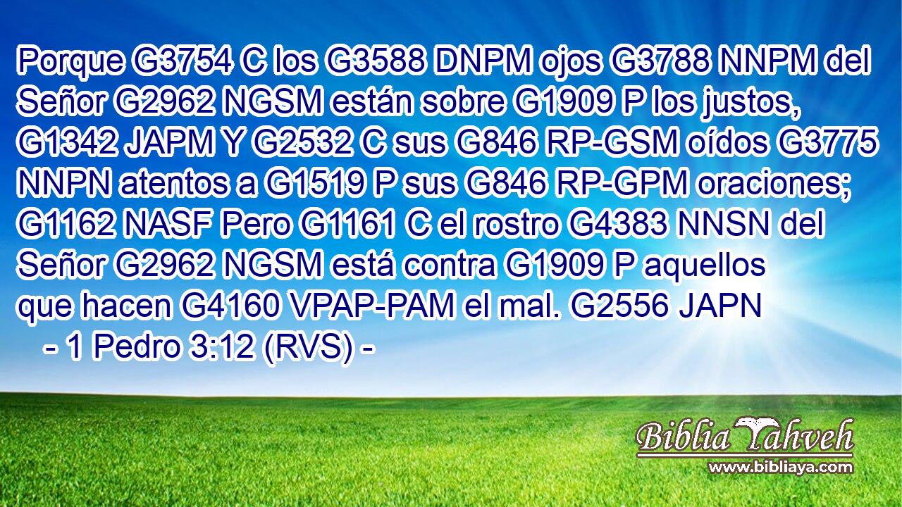 Porque G3754 C los G3588 DNPM ojos G3788 NNPM del Señor G2962 NGSM están sobre G1909 P los justos, G1342 JAPM Y G2532 C sus G846 RP-GSM oídos G3775 NNPN atentos a G1519 P sus G846 RP-GPM oraciones; G1162 NASF Pero G1161 C el rostro G4383 NNSN del Señor G2962 NGSM está contra G1909 P aquellos que hacen G4160 VPAP-PAM el mal. G2556 JAPN 