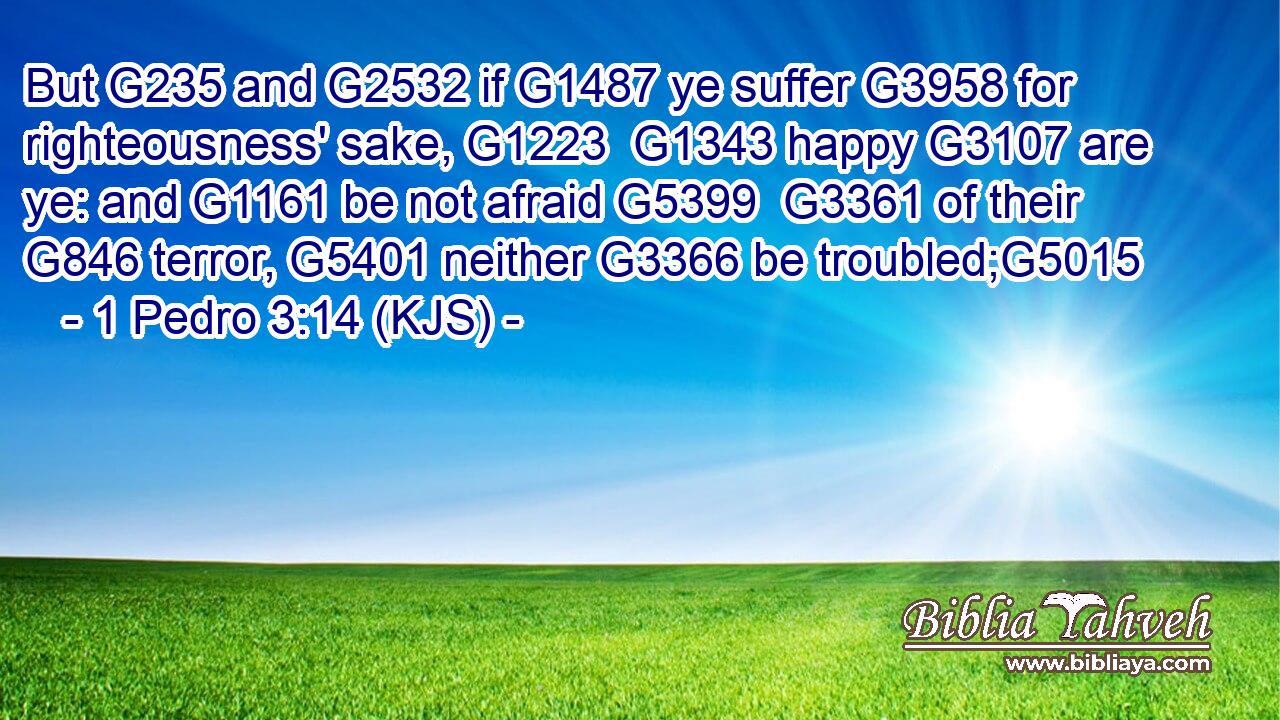 But G235 and G2532 if G1487 ye suffer G3958 for righteousness' sake, G1223  G1343 happy G3107 are ye: and G1161 be not afraid G5399  G3361 of their G846 terror, G5401 neither G3366 be troubled;G5015