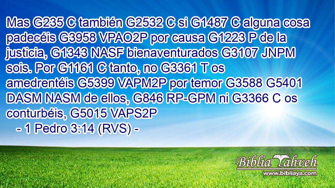 Mas G235 C también G2532 C si G1487 C alguna cosa padecéis G3958 VPAO2P por causa G1223 P de la justicia, G1343 NASF bienaventurados G3107 JNPM sois. Por G1161 C tanto, no G3361 T os amedrentéis G5399 VAPM2P por temor G3588 G5401 DASM NASM de ellos, G846 RP-GPM ni G3366 C os conturbéis, G5015 VAPS2P 