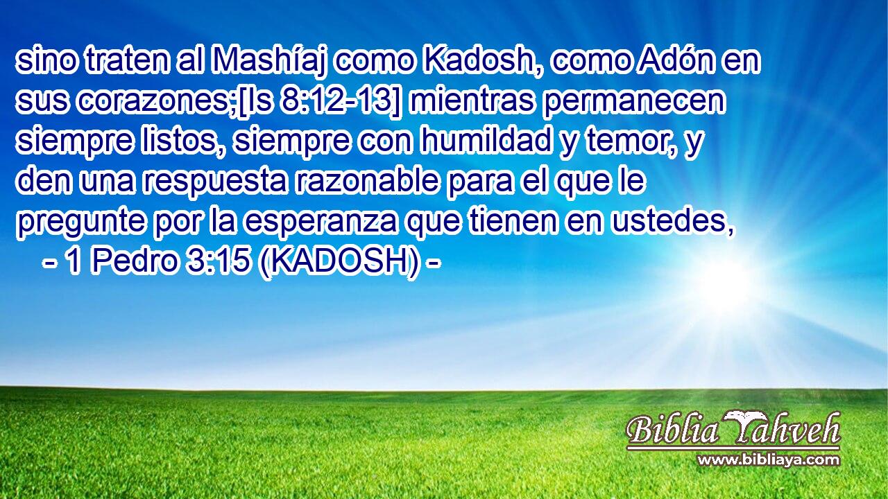  sino traten al Mashíaj como Kadosh, como Adón en sus corazones;[Is 8:12-13] mientras permanecen siempre listos, siempre con humildad y temor, y den una respuesta razonable para el que le pregunte por la esperanza que tienen en ustedes, 
