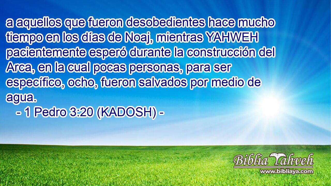  a aquellos que fueron desobedientes hace mucho tiempo en los días de Noaj, mientras YAHWEH pacientemente esperó durante la construcción del Arca, en la cual pocas personas, para ser específico, ocho, fueron salvados por medio de agua. 