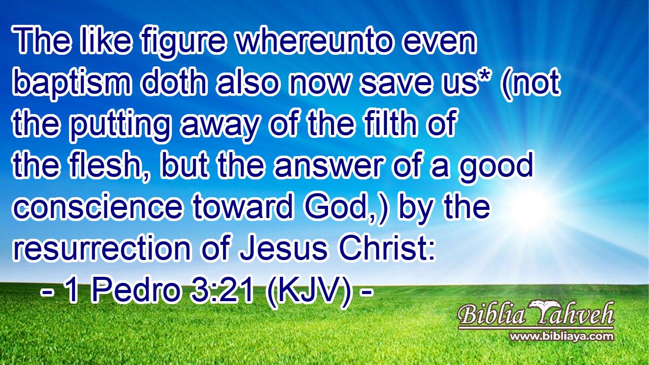 The like figure whereunto even baptism doth also now save us* (not the putting away of the filth of the flesh, but the answer of a good conscience toward God,) by the resurrection of Jesus Christ: