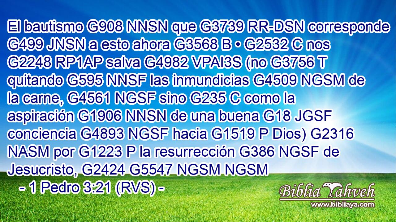 El bautismo G908 NNSN que G3739 RR-DSN corresponde G499 JNSN a esto ahora G3568 B • G2532 C nos G2248 RP1AP salva G4982 VPAI3S (no G3756 T quitando G595 NNSF las inmundicias G4509 NGSM de la carne, G4561 NGSF sino G235 C como la aspiración G1906 NNSN de una buena G18 JGSF conciencia G4893 NGSF hacia G1519 P Dios) G2316 NASM por G1223 P la resurrección G386 NGSF de Jesucristo, G2424 G5547 NGSM NGSM 