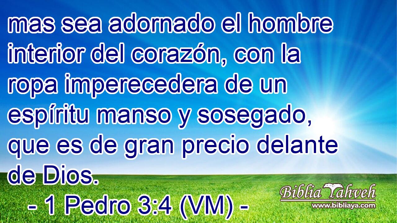  mas sea adornado el hombre interior del corazón, con la ropa imperecedera de un espíritu manso y sosegado, que es de gran precio delante de Dios. 