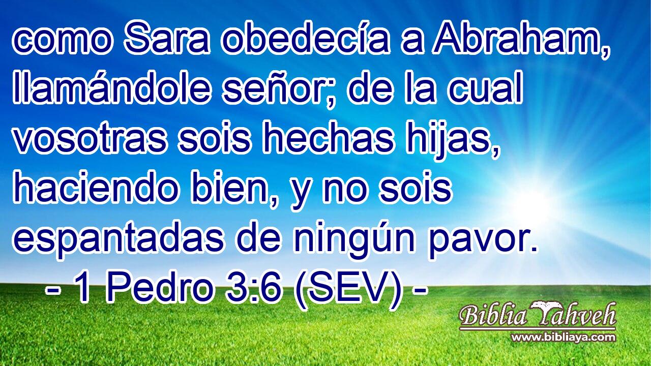 como Sara obedecía a Abraham, llamándole señor; de la cual vosotras sois hechas hijas, haciendo bien, y no sois espantadas de ningún pavor.