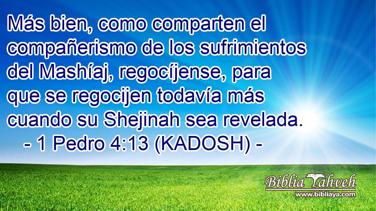  Más bien, como comparten el compañerismo de los sufrimientos del Mashíaj, regocíjense, para que se regocijen todavía más cuando su Shejinah sea revelada. 