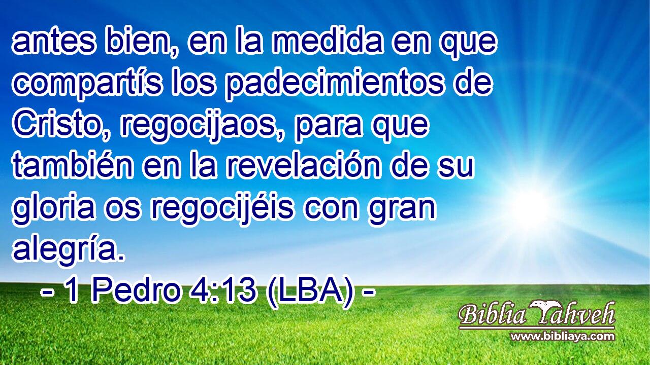 antes bien, en la medida en que compartís los padecimientos de Cristo, regocijaos, para que también en la revelación de su gloria os regocijéis con gran alegría.