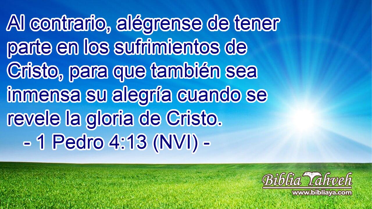  Al contrario, alégrense de tener parte en los sufrimientos de Cristo, para que también sea inmensa su alegría cuando se revele la gloria de Cristo. 