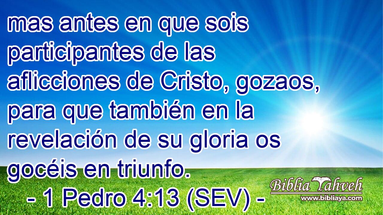 mas antes en que sois participantes de las aflicciones de Cristo, gozaos, para que también en la revelación de su gloria os gocéis en triunfo.