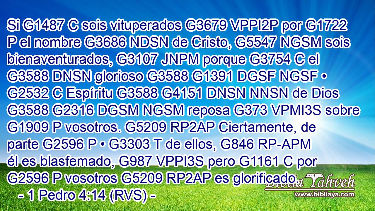 Si G1487 C sois vituperados G3679 VPPI2P por G1722 P el nombre G3686 NDSN de Cristo, G5547 NGSM sois bienaventurados, G3107 JNPM porque G3754 C el G3588 DNSN glorioso G3588 G1391 DGSF NGSF • G2532 C Espíritu G3588 G4151 DNSN NNSN de Dios G3588 G2316 DGSM NGSM reposa G373 VPMI3S sobre G1909 P vosotros. G5209 RP2AP Ciertamente, de parte G2596 P • G3303 T de ellos, G846 RP-APM él es blasfemado, G987 VPPI3S pero G1161 C por G2596 P vosotros G5209 RP2AP es glorificado.