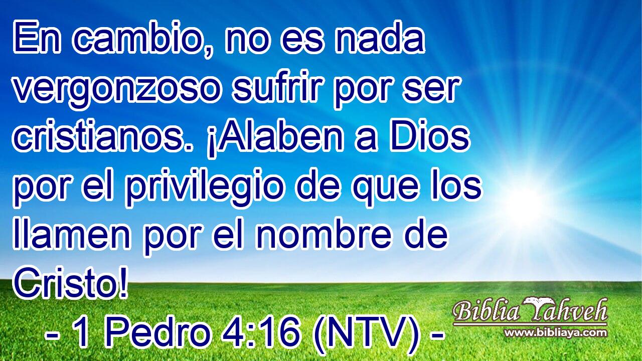 En cambio, no es nada vergonzoso sufrir por ser cristianos. ¡Alaben a Dios por el privilegio de que los llamen por el nombre de Cristo!