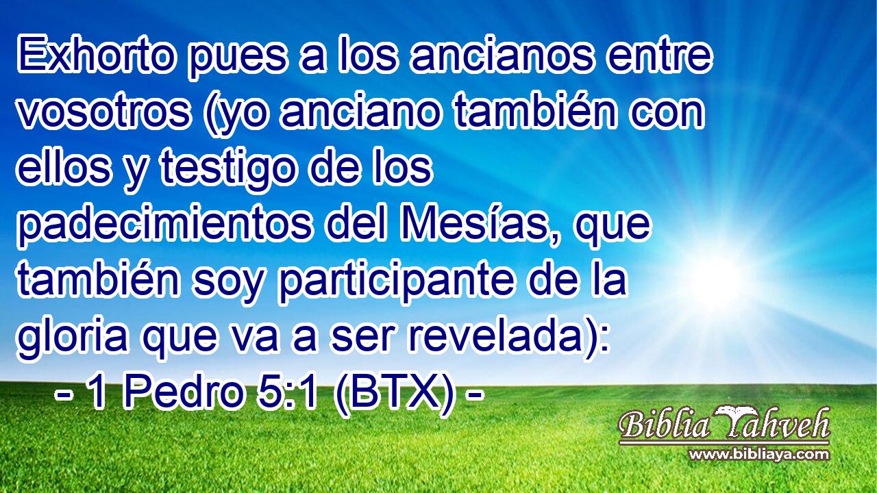 Exhorto pues a los ancianos entre vosotros (yo anciano también con ellos y testigo de los padecimientos del Mesías, que también soy participante de la gloria que va a ser revelada):