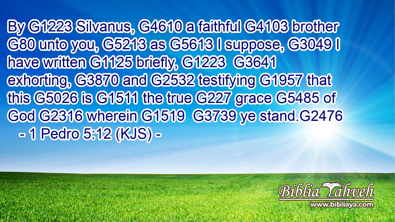By G1223 Silvanus, G4610 a faithful G4103 brother G80 unto you, G5213 as G5613 I suppose, G3049 I have written G1125 briefly, G1223  G3641 exhorting, G3870 and G2532 testifying G1957 that this G5026 is G1511 the true G227 grace G5485 of God G2316 wherein G1519  G3739 ye stand.G2476