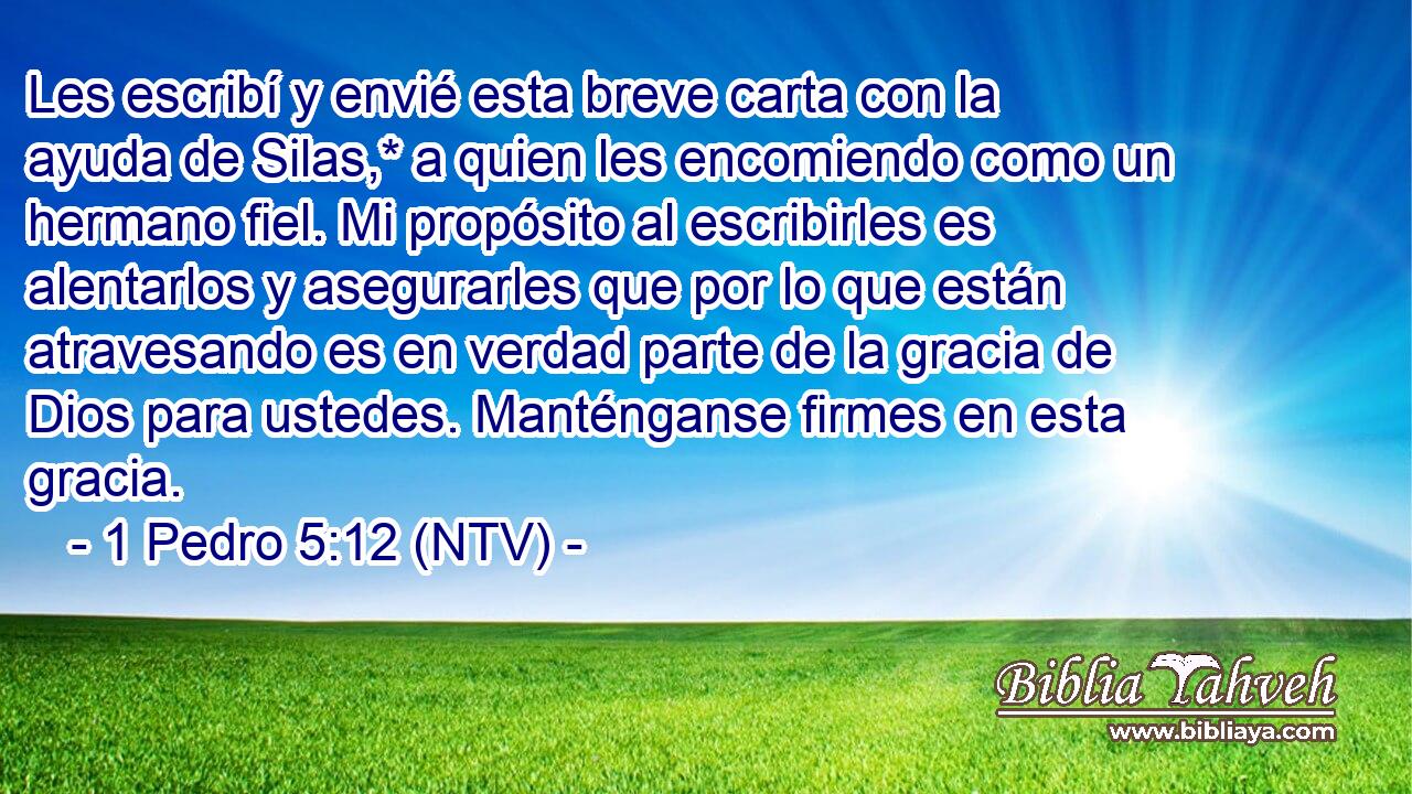 Les escribí y envié esta breve carta con la ayuda de Silas,* a quien les encomiendo como un hermano fiel. Mi propósito al escribirles es alentarlos y asegurarles que por lo que están atravesando es en verdad parte de la gracia de Dios para ustedes. Manténganse firmes en esta gracia.