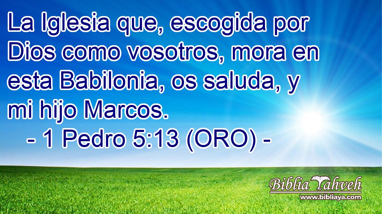  La Iglesia que, escogida por Dios como vosotros, mora en esta Babilonia, os saluda, y mi hijo Marcos. 