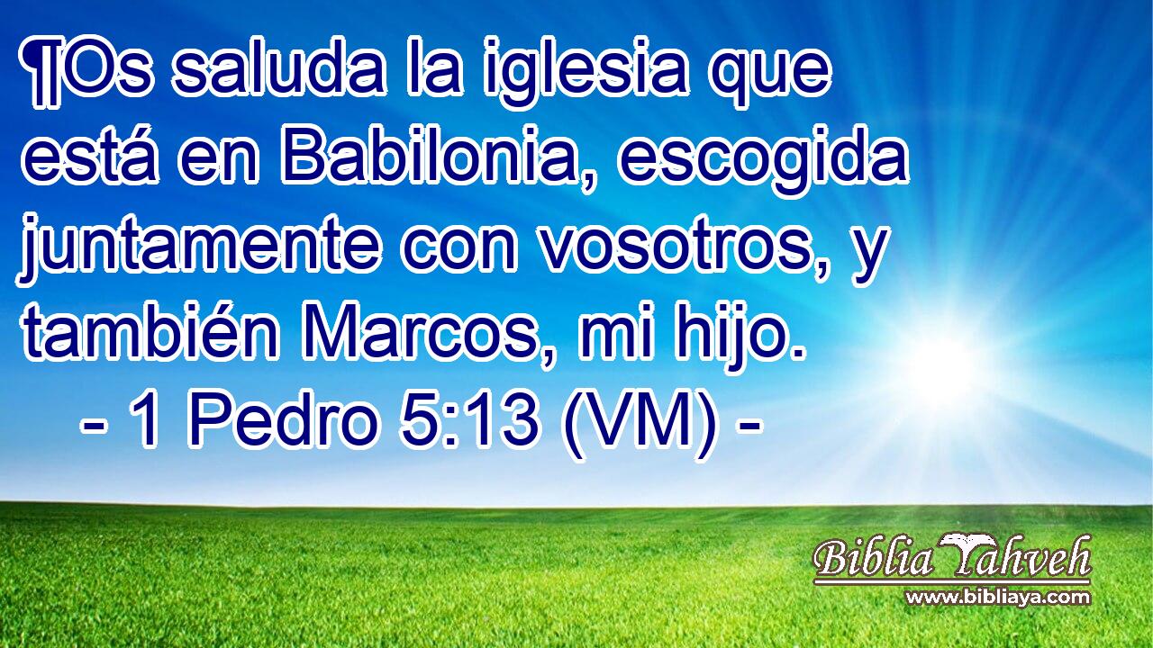  ¶Os saluda la iglesia que está en Babilonia, escogida juntamente con vosotros, y también Marcos, mi hijo. 