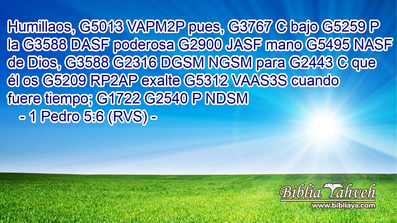 Humillaos, G5013 VAPM2P pues, G3767 C bajo G5259 P la G3588 DASF poderosa G2900 JASF mano G5495 NASF de Dios, G3588 G2316 DGSM NGSM para G2443 C que él os G5209 RP2AP exalte G5312 VAAS3S cuando fuere tiempo; G1722 G2540 P NDSM 