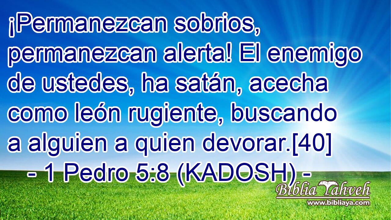  ¡Permanezcan sobrios, permanezcan alerta! El enemigo de ustedes, ha satán, acecha como león rugiente, buscando a alguien a quien devorar.[40] 