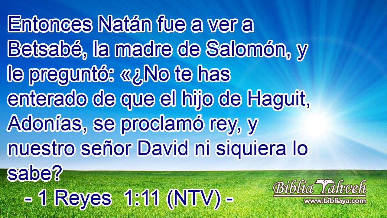 Entonces Natán fue a ver a Betsabé, la madre de Salomón, y le preguntó: «¿No te has enterado de que el hijo de Haguit, Adonías, se proclamó rey, y nuestro señor David ni siquiera lo sabe?