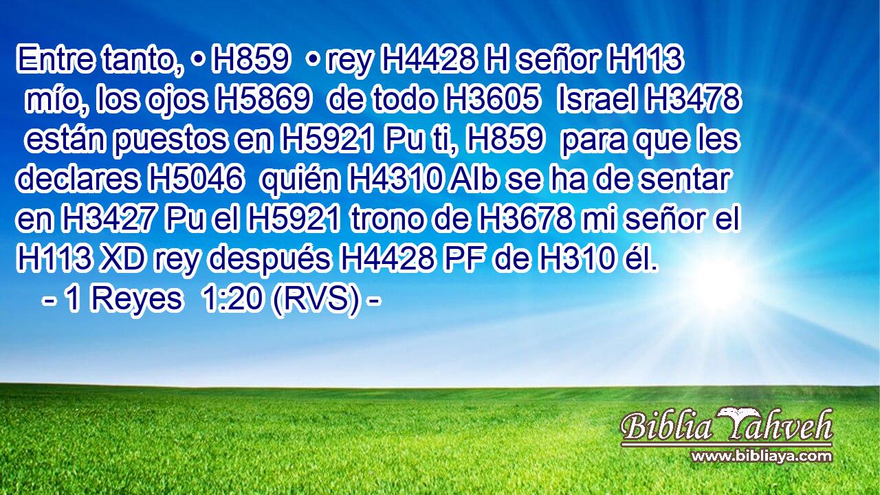 Entre tanto, • H859  • rey H4428 H señor H113  mío, los ojos H5869  de todo H3605  Israel H3478  están puestos en H5921 Pu ti, H859  para que les declares H5046  quién H4310 AIb se ha de sentar en H3427 Pu el H5921 trono de H3678 mi señor el H113 XD rey después H4428 PF de H310 él. 