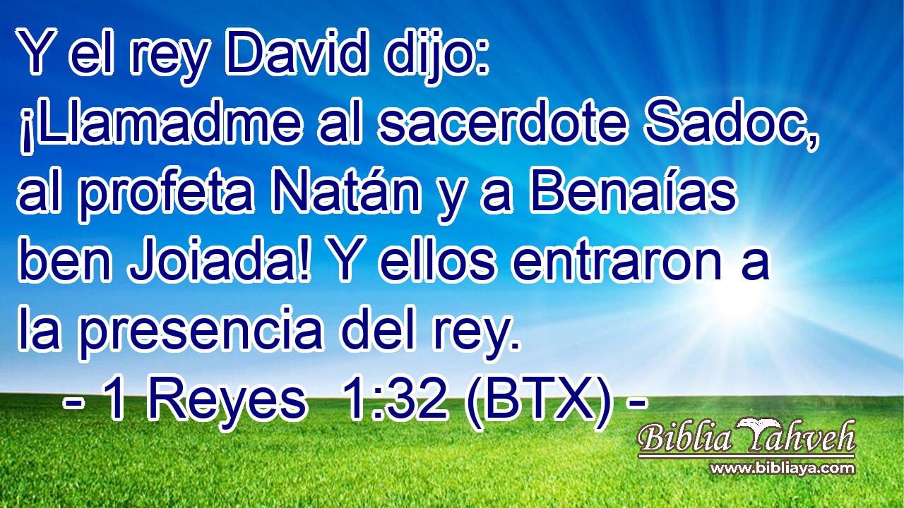 Y el rey David dijo: ¡Llamadme al sacerdote Sadoc, al profeta Natán y a Benaías ben Joiada! Y ellos entraron a la presencia del rey.