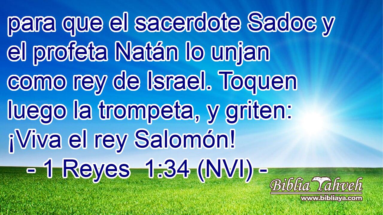  para que el sacerdote Sadoc y el profeta Natán lo unjan como rey de Israel. Toquen luego la trompeta, y griten: ¡Viva el rey Salomón! 