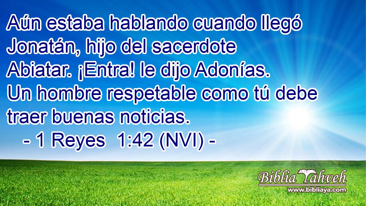  Aún estaba hablando cuando llegó Jonatán, hijo del sacerdote Abiatar. ¡Entra! le dijo Adonías. Un hombre respetable como tú debe traer buenas noticias. 