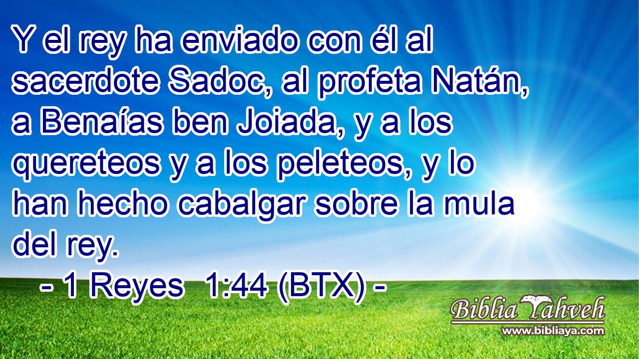 Y el rey ha enviado con él al sacerdote Sadoc, al profeta Natán, a Benaías ben Joiada, y a los quereteos y a los peleteos, y lo han hecho cabalgar sobre la mula del rey.