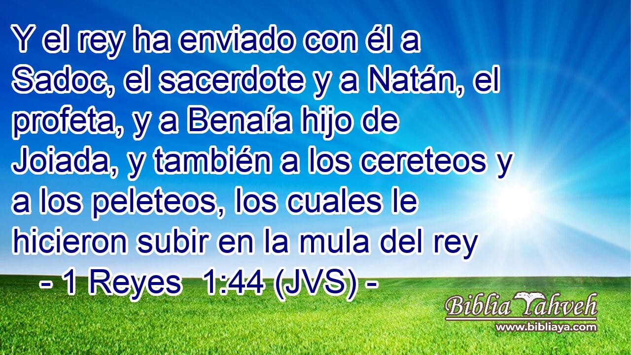 Y el rey ha enviado con él a Sadoc, el sacerdote y a Natán, el profeta, y a Benaía hijo de Joiada, y también a los cereteos y a los peleteos, los cuales le hicieron subir en la mula del rey