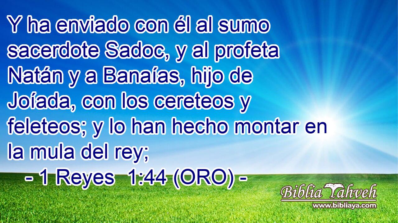  Y ha enviado con él al sumo sacerdote Sadoc, y al profeta Natán y a Banaías, hijo de Joíada, con los cereteos y feleteos; y lo han hecho montar en la mula del rey; 
