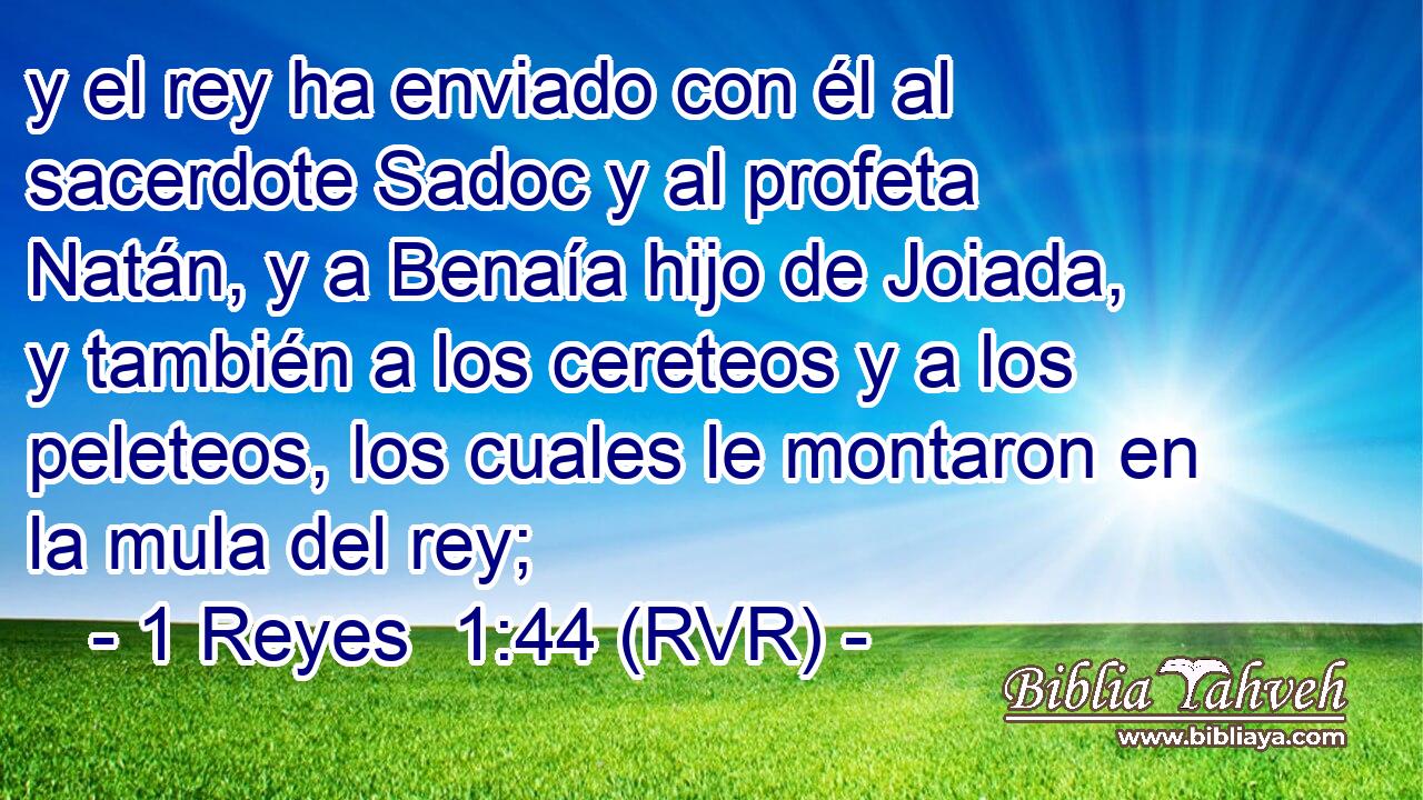 y el rey ha enviado con él al sacerdote Sadoc y al profeta Natán, y a Benaía hijo de Joiada, y también a los cereteos y a los peleteos, los cuales le montaron en la mula del rey;