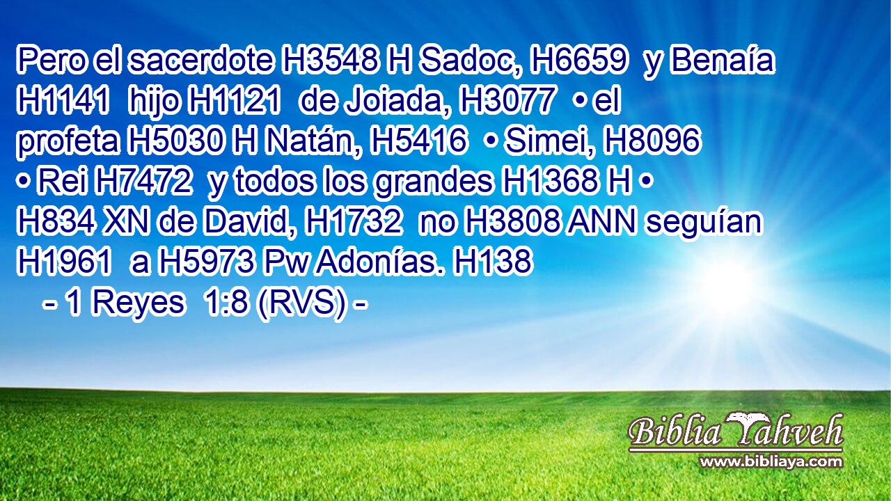 Pero el sacerdote H3548 H Sadoc, H6659  y Benaía H1141  hijo H1121  de Joiada, H3077  • el profeta H5030 H Natán, H5416  • Simei, H8096  • Rei H7472  y todos los grandes H1368 H • H834 XN de David, H1732  no H3808 ANN seguían H1961  a H5973 Pw Adonías. H138  