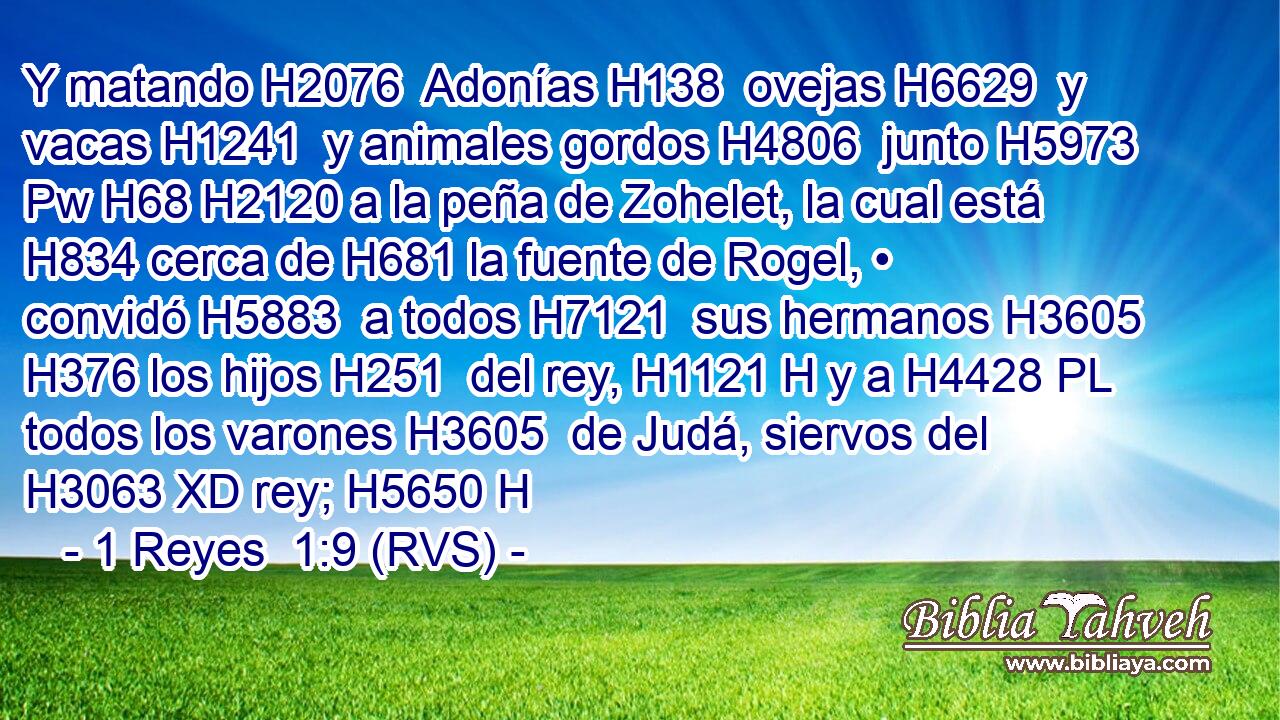 Y matando H2076  Adonías H138  ovejas H6629  y vacas H1241  y animales gordos H4806  junto H5973 Pw H68 H2120 a la peña de Zohelet, la cual está H834 cerca de H681 la fuente de Rogel, • convidó H5883  a todos H7121  sus hermanos H3605  H376 los hijos H251  del rey, H1121 H y a H4428 PL todos los varones H3605  de Judá, siervos del H3063 XD rey; H5650 H 